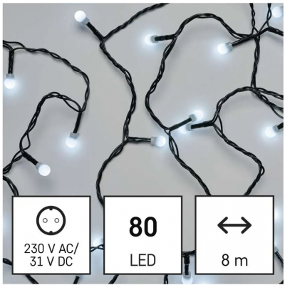 Lampki choinkowe 80 LED cherry 8m zimna biel zielony przewód 8 programów IP44 EMOS (D5AC06)